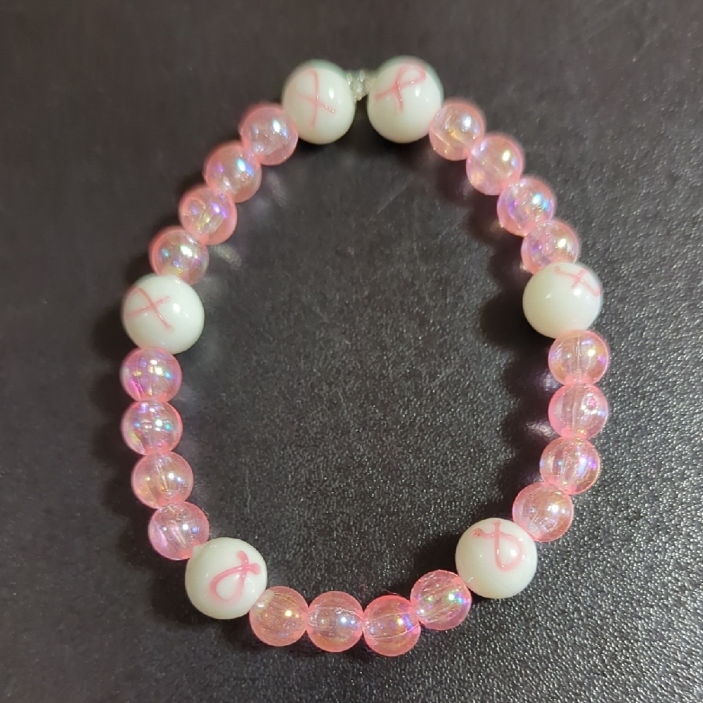 Pink Breast Cancer Ribbon Beaded Bracelet